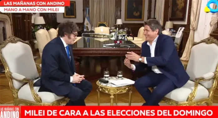 Milei junto a Guillermo Andino El periodista Guillermo Andino le muestra a Milei el video que difunde Bussi.