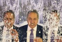 El video viral de Scioli simulando nieve con telgopor (video).