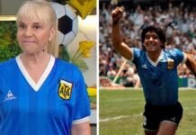 Claudia Villafañe se puso la camiseta que Maradona usó contra Inglaterra en el ’86.