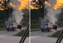 Yerba Buena: un auto quedó envuelto en llamas.